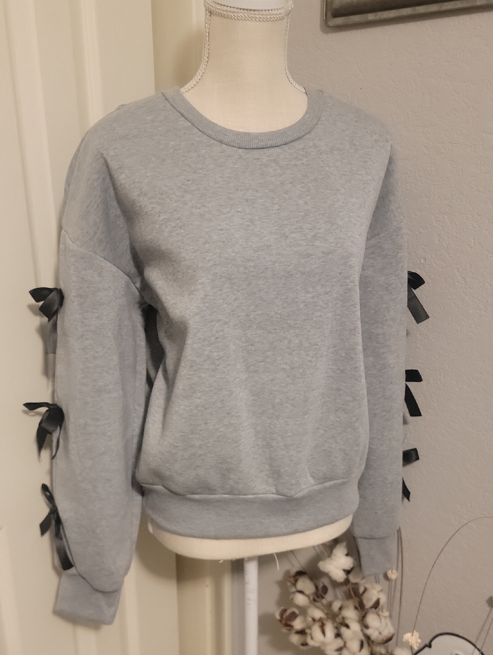 Gray Sweatshirt with Black Ribbon Sleeve Detail